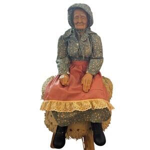 VTG William Wallace Grandma Porcelain Doll Country Farmer White Hair Floral Dres